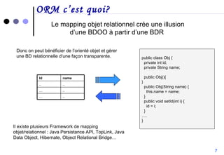 ORM c’est quoi? Le mapping objet relationnel crée une illusion d’une BDOO à partir d’une BDR  public class Obj {   private int id;   private String name;    public Obj(){ }   public Obj(String name) {     this.name = name;   }   public void setId(int i) {     id = i;   } …. } Il existe plusieurs Framework de mapping objet/relationnel : Java Persistance API, TopLink, Java Data Object, Hibernate, Object Relational Bridge… Donc on peut bénéficier de l’orienté objet et gérer une BD relationnelle d’une façon transparente. 7 .. … .. … .. .. name Id 