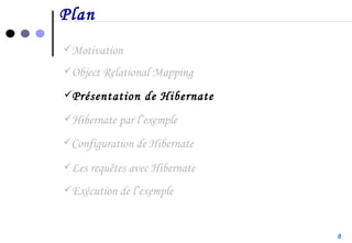 Plan Motivation Configuration de Hibernate Présentation de Hibernate Object Relational Mapping Hibernate par l’exemple Les requêtes avec Hibernate Exécution de l’exemple 8 