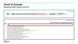 Proof of Concept
Breaking SQL Query (cont’d)
28
GET /app/planets/search=place=dagobah’’&page=1 HTTP/1.1
HTTP Request
HTTP Response
500 Internal Server Error (MySQLSyntaxException)
 