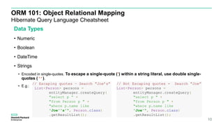 ORM 101: Object Relational Mapping
Hibernate Query Language Cheatsheet
10
Data Types
• Numeric
• Boolean
• DateTime
• Stri...