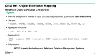 ORM 101: Object Relational Mapping
Hibernate Query Language Cheatsheet
9
Syntax
• With the exception of names of Java clas...