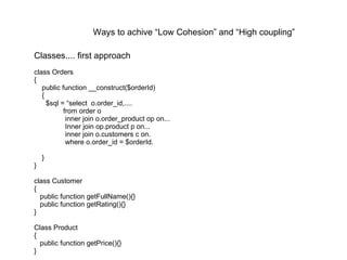 Ways to achive “Low Cohesion” and “High coupling” Classes.... first approach class Orders { public function __construct($orderId) { $sql = “select  o.order_id,.... from order o  inner join o.order_product op on... Inner join op.product p on... inner join o.customers c on. where o.order_id = $orderId. } } class Customer { public function getFullName(){} public function getRating(){} } Class Product { public function getPrice(){} } 