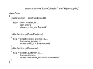 class Order { public function __construct($orderId) { $sql = “select  o.order_id,.... from order o  where o.order_id = $orderId” } public function getOrderProducts() { $sql = “select op.order_product_id,.... from order_product op where order_id = $this->orderId” } public function getCustomer() { $sql = “select c.customer_id,.... from customer c where c.customer_id = $this->customerId” } } Ways to achive “Low Cohesion” and “High coupling” 