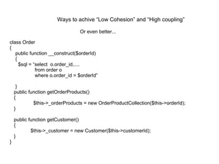 class Order { public function __construct($orderId) { $sql = “select  o.order_id,.... from order o  where o.order_id = $orderId” } public function getOrderProducts() { $this->_orderProducts = new OrderProductCollection($this->orderId); } public function getCustomer() { $this->_customer = new Customer($this->customerId); } } Or even better... Ways to achive “Low Cohesion” and “High coupling” 