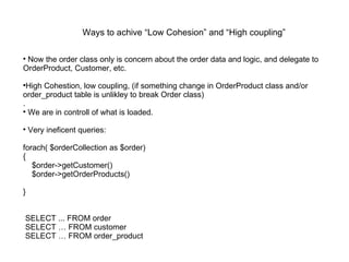 Now the order class only is concern about the order data and logic, and delegate to OrderProduct, Customer, etc. High Cohestion, low coupling, (if something change in OrderProduct class and/or order_product table is unlikley to break Order class) . We are in controll of what is loaded. Very ineficent queries: forach( $orderCollection as $order) { $order->getCustomer() $order->getOrderProducts() } SELECT ... FROM order SELECT … FROM customer SELECT … FROM order_product  Ways to achive “Low Cohesion” and “High coupling” 