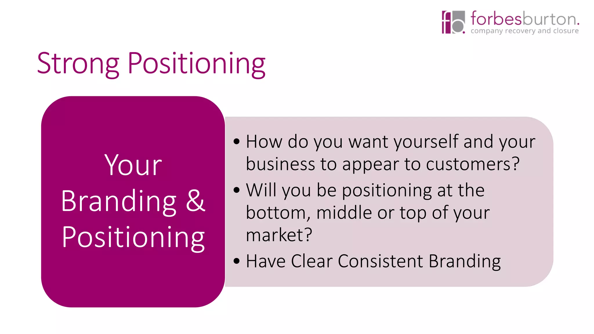 Strong Positioning
• How do you want yourself and your
business to appear to customers?
• Will you be positioning at the
bottom, middle or top of your
market?
• Have Clear Consistent Branding
Your
Branding &
Positioning
 