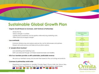 Sustainable Global Growth   Plan www.ormita.com Ormita  International National  Licensees Regional Licensees Brokers Client Directors Independent Advisory Board Organic Growth Based on Licensees, Joint-Ventures & Partnerships   Shares the risk. There is strength in numbers. Creates brand awareness and recognition while reducing marketing costs. Offers financial and legal oversight. Low overheads Common infrastructure and systems reduces the cost for all licensees and partners. Shared call centre services and telecommunications systems. A “people driven business” Low advertising and marketing costs. Staff costs reduced through commission-based licensees and resellers. All of our members provide us with sustainable, predictable revenue We save our members money and we earn fees based on the cost savings we produce. Licensees & partnerships world-wide Negotiated or  in negotiation  in: Australia, Canada, Egypt, Ghana, India, Iran, Kenya, New Zealand, Philippines, Singapore, South Africa, Turkey, United Kingdom, United States. 
