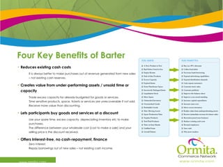 Four Key Benefits of Barter www.ormita.com Reduces existing cash costs It is always better to make purchases out of revenue generated from new sales  –  not existing cash reserves. Creates value from under-performing assets / unsold time or capacity Trade excess capacity for already-budgeted for goods or services. Time sensitive products, space, tickets or services are unrecoverable if not sold. Receive more value than discounting.  Lets participants buy goods and services at a discount Use your spare time, excess capacity, depreciating inventory etc to make  purchases. The difference between your wholesale cost (cost to make a sale) and your  selling price is the discount received.  Offers Interest-free, no cash-repayment, finance Zero interest. Repay borrowings out of new sales – not existing cash income.  