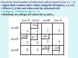 Check the total number of allocated cells is equal to (m + n – 1).
Again find u values and v values using the formula ui + vj =Cij
Where Cij is the cost value only for allocated cell.
Assign u1 = 0 then we get v2 = 1.
Similarly, we will get all values for ui and vj.
 