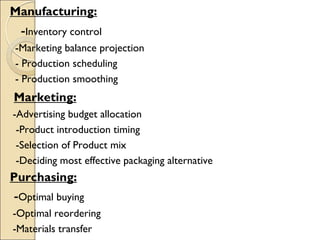 Manufacturing:
-Inventory control
-Marketing balance projection
- Production scheduling
- Production smoothing
Marketing:
-Advertising budget allocation
-Product introduction timing
-Selection of Product mix
-Deciding most effective packaging alternative
Purchasing:
-Optimal buying
-Optimal reordering
-Materials transfer
 