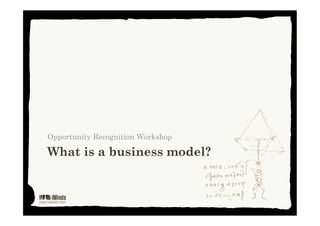 What is a business model?
Opportunity Recognition Workshop
This work is licensed under Creative Commons Attribution Non Commercial 3.0
 