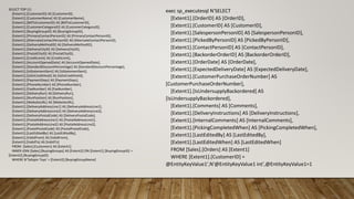 SELECT TOP (1)
[Extent1].[CustomerID] AS [CustomerID],
[Extent1].[CustomerName] AS [CustomerName],
[Extent1].[BillToCustomerID] AS [BillToCustomerID],
[Extent1].[CustomerCategoryID] AS [CustomerCategoryID],
[Extent1].[BuyingGroupID] AS [BuyingGroupID],
[Extent1].[PrimaryContactPersonID] AS [PrimaryContactPersonID],
[Extent1].[AlternateContactPersonID] AS [AlternateContactPersonID],
[Extent1].[DeliveryMethodID] AS [DeliveryMethodID],
[Extent1].[DeliveryCityID] AS [DeliveryCityID],
[Extent1].[PostalCityID] AS [PostalCityID],
[Extent1].[CreditLimit] AS [CreditLimit],
[Extent1].[AccountOpenedDate] AS [AccountOpenedDate],
[Extent1].[StandardDiscountPercentage] AS [StandardDiscountPercentage],
[Extent1].[IsStatementSent] AS [IsStatementSent],
[Extent1].[IsOnCreditHold] AS [IsOnCreditHold],
[Extent1].[PaymentDays] AS [PaymentDays],
[Extent1].[PhoneNumber] AS [PhoneNumber],
[Extent1].[FaxNumber] AS [FaxNumber],
[Extent1].[DeliveryRun] AS [DeliveryRun],
[Extent1].[RunPosition] AS [RunPosition],
[Extent1].[WebsiteURL] AS [WebsiteURL],
[Extent1].[DeliveryAddressLine1] AS [DeliveryAddressLine1],
[Extent1].[DeliveryAddressLine2] AS [DeliveryAddressLine2],
[Extent1].[DeliveryPostalCode] AS [DeliveryPostalCode],
[Extent1].[PostalAddressLine1] AS [PostalAddressLine1],
[Extent1].[PostalAddressLine2] AS [PostalAddressLine2],
[Extent1].[PostalPostalCode] AS [PostalPostalCode],
[Extent1].[LastEditedBy] AS [LastEditedBy],
[Extent1].[ValidFrom] AS [ValidFrom],
[Extent1].[ValidTo] AS [ValidTo]
FROM [Sales].[Customers] AS [Extent1]
INNER JOIN [Sales].[BuyingGroups] AS [Extent2] ON [Extent1].[BuyingGroupID] =
[Extent2].[BuyingGroupID]
WHERE N'Tailspin Toys' = [Extent2].[BuyingGroupName]
exec sp_executesql N'SELECT
[Extent1].[OrderID] AS [OrderID],
[Extent1].[CustomerID] AS [CustomerID],
[Extent1].[SalespersonPersonID] AS [SalespersonPersonID],
[Extent1].[PickedByPersonID] AS [PickedByPersonID],
[Extent1].[ContactPersonID] AS [ContactPersonID],
[Extent1].[BackorderOrderID] AS [BackorderOrderID],
[Extent1].[OrderDate] AS [OrderDate],
[Extent1].[ExpectedDeliveryDate] AS [ExpectedDeliveryDate],
[Extent1].[CustomerPurchaseOrderNumber] AS
[CustomerPurchaseOrderNumber],
[Extent1].[IsUndersupplyBackordered] AS
[IsUndersupplyBackordered],
[Extent1].[Comments] AS [Comments],
[Extent1].[DeliveryInstructions] AS [DeliveryInstructions],
[Extent1].[InternalComments] AS [InternalComments],
[Extent1].[PickingCompletedWhen] AS [PickingCompletedWhen],
[Extent1].[LastEditedBy] AS [LastEditedBy],
[Extent1].[LastEditedWhen] AS [LastEditedWhen]
FROM [Sales].[Orders] AS [Extent1]
WHERE [Extent1].[CustomerID] =
@EntityKeyValue1',N'@EntityKeyValue1 int',@EntityKeyValue1=1
 