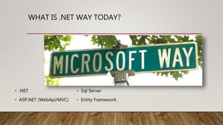 WHAT IS .NET WAY TODAY?
• .NET
• ASP.NET (WebApi/MVC)
• Sql Server
• Entity Framework
 