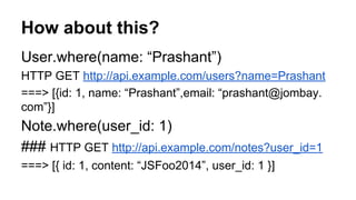 How about this? 
User.where(name: “Prashant”) 
HTTP GET http://api.example.com/users?name=Prashant 
===> [{id: 1, name: “Prashant”,email: “prashant@jombay. 
com”}] 
Note.where(user_id: 1) 
### HTTP GET http://api.example.com/notes?user_id=1 
===> [{ id: 1, content: “JSFoo2014”, user_id: 1 }] 
 