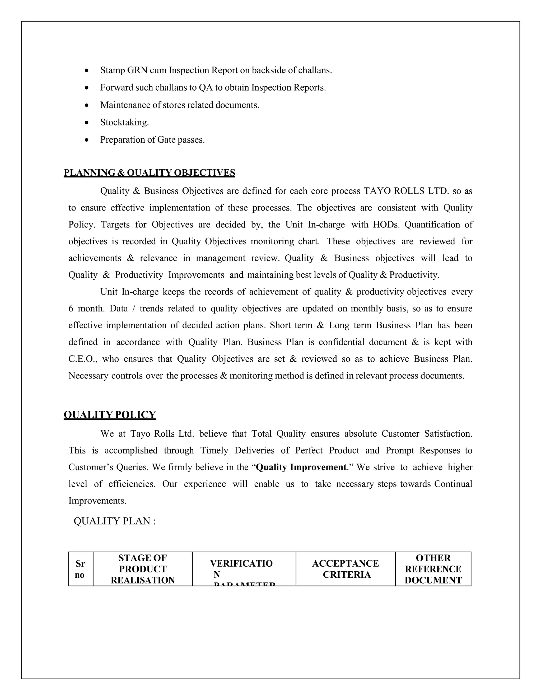  Stamp GRN cum Inspection Report on backside of challans.
 Forward such challans to QA to obtain Inspection Reports.
 Maintenance of stores related documents.
 Stocktaking.
 Preparation of Gate passes.
PLANNING & QUALITY OBJECTIVES
Quality & Business Objectives are defined for each core process TAYO ROLLS LTD. so as
to ensure effective implementation of these processes. The objectives are consistent with Quality
Policy. Targets for Objectives are decided by, the Unit In-charge with HODs. Quantification of
objectives is recorded in Quality Objectives monitoring chart. These objectives are reviewed for
achievements & relevance in management review. Quality & Business objectives will lead to
Quality & Productivity Improvements and maintaining best levels of Quality & Productivity.
Unit In-charge keeps the records of achievement of quality & productivity objectives every
6 month. Data / trends related to quality objectives are updated on monthly basis, so as to ensure
effective implementation of decided action plans. Short term & Long term Business Plan has been
defined in accordance with Quality Plan. Business Plan is confidential document & is kept with
C.E.O., who ensures that Quality Objectives are set & reviewed so as to achieve Business Plan.
Necessary controls over the processes & monitoring method is defined in relevant process documents.
QUALITY POLICY
We at Tayo Rolls Ltd. believe that Total Quality ensures absolute Customer Satisfaction.
This is accomplished through Timely Deliveries of Perfect Product and Prompt Responses to
Customer’s Queries. We firmly believe in the “Quality Improvement.” We strive to achieve higher
level of efficiencies. Our experience will enable us to take necessary steps towards Continual
Improvements.
QUALITY PLAN :
Sr
no
STAGE OF
PRODUCT
REALISATION
VERIFICATIO
N
PARAMETER
ACCEPTANCE
CRITERIA
OTHER
REFERENCE
DOCUMENT
 