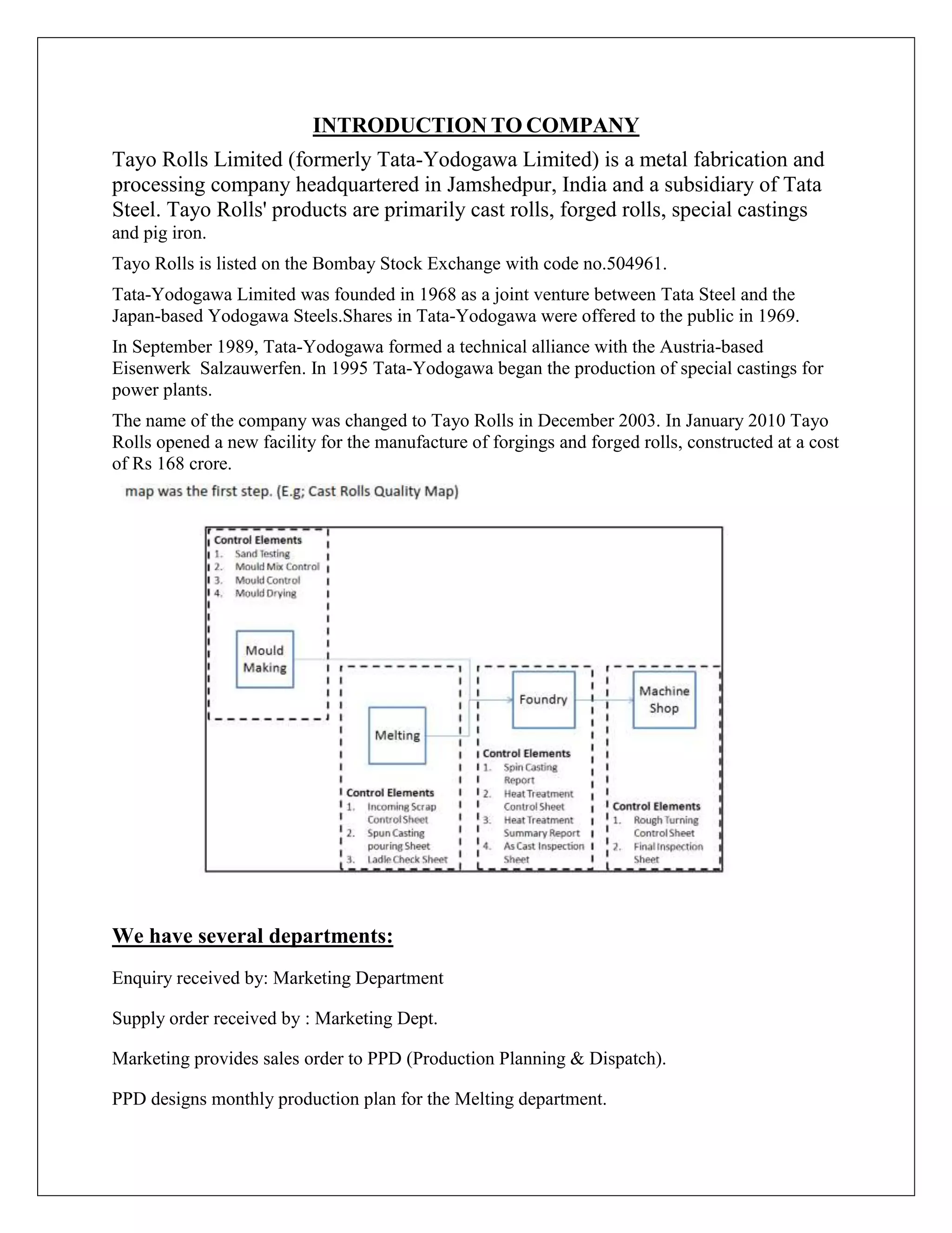 INTRODUCTION TO COMPANY
Tayo Rolls Limited (formerly Tata-Yodogawa Limited) is a metal fabrication and
processing company headquartered in Jamshedpur, India and a subsidiary of Tata
Steel. Tayo Rolls' products are primarily cast rolls, forged rolls, special castings
and pig iron.
Tayo Rolls is listed on the Bombay Stock Exchange with code no.504961.
Tata-Yodogawa Limited was founded in 1968 as a joint venture between Tata Steel and the
Japan-based Yodogawa Steels.Shares in Tata-Yodogawa were offered to the public in 1969.
In September 1989, Tata-Yodogawa formed a technical alliance with the Austria-based
Eisenwerk Salzauwerfen. In 1995 Tata-Yodogawa began the production of special castings for
power plants.
The name of the company was changed to Tayo Rolls in December 2003. In January 2010 Tayo
Rolls opened a new facility for the manufacture of forgings and forged rolls, constructed at a cost
of Rs 168 crore.
We have several departments:
Enquiry received by: Marketing Department
Supply order received by : Marketing Dept.
Marketing provides sales order to PPD (Production Planning & Dispatch).
PPD designs monthly production plan for the Melting department.
 
