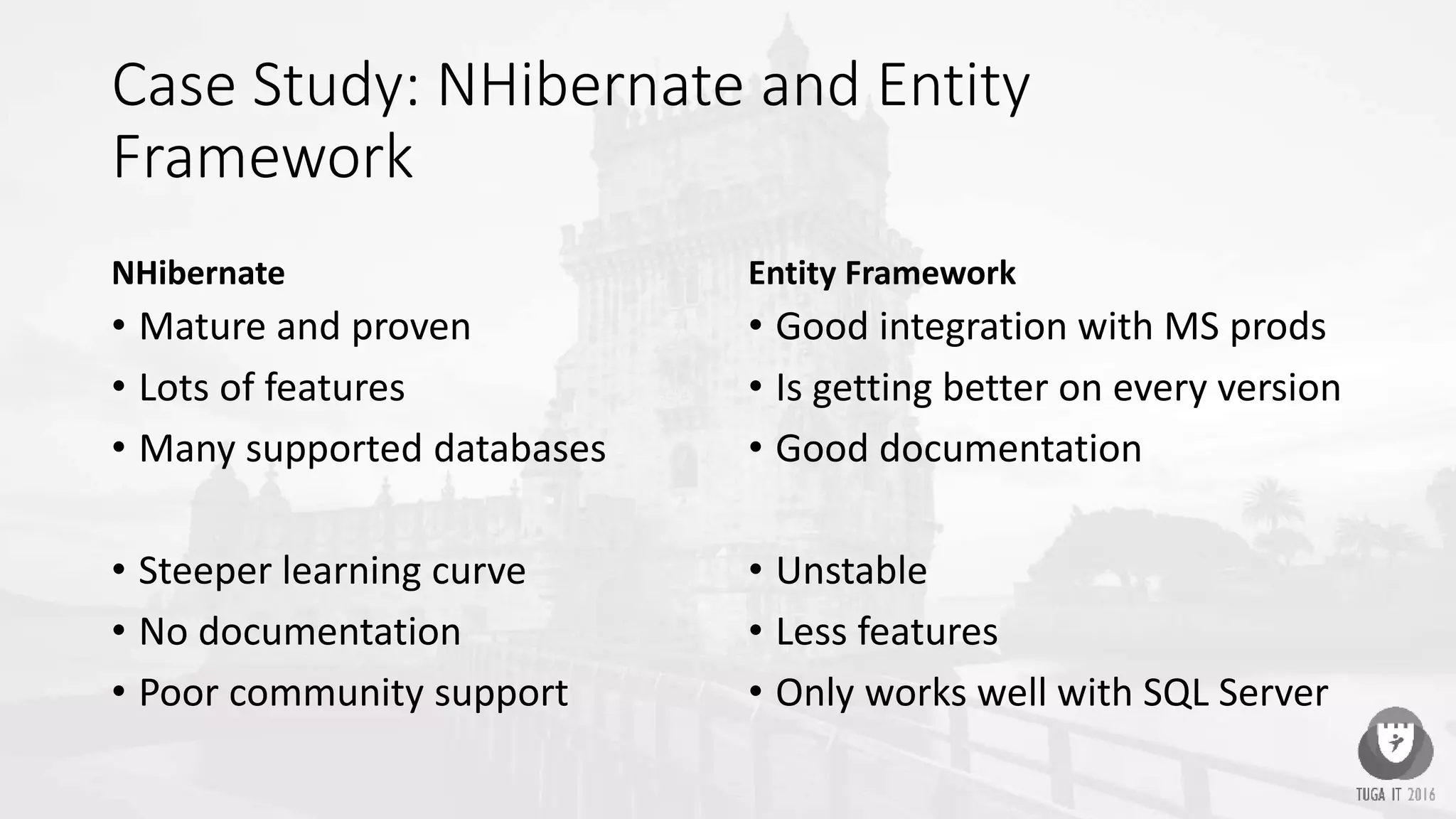 Case Study: NHibernate and Entity
Framework
NHibernate
• Mature and proven
• Lots of features
• Many supported databases
• Steeper learning curve
• No documentation
• Poor community support
Entity Framework
• Good integration with MS prods
• Is getting better on every version
• Good documentation
• Unstable
• Less features
• Only works well with SQL Server
 