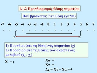 1.1.2 Προσδιορισμός θέσης σωματίου 
Πού βρίσκεται; Στη θέση (χ=2m) 
-7 -6 -5 -4 -3 -2 -1 0 1 2 3 4 5 6 7 
. . . . . . . . . . . . . . . 
χα χτ 
1) Προσδιορίστε τη θέση ενός σωματίου (χ) 
2) Προσδιορίστε τις θέσεις των άκρων ενός 
μολυβιού (χα , χτ) 
4 
Χα = 
Χτ = 
Δχ = Χτ – Χα = 
Χ = ; 
 