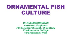 ORNAMENTAL FISH
CULTURE
Dr.K.RAMESHKUMAR
Assistant Professor
PG & Research Dept. of Zoology
Vivekananda College
Tiruvedakam West
 
