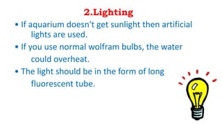 2.Lighting
• If aquarium doesn't get sunlight then artificial
lights are used.
• If you use normal wolfram bulbs, the water
could overheat.
• The light should be in the form of long
fluorescent tube.
 