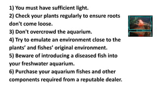 1) You must have sufficient light.
2) Check your plants regularly to ensure roots
don't come loose.
3) Don't overcrowd the aquarium.
4) Try to emulate an environment close to the
plants’ and fishes’ original environment.
5) Beware of introducing a diseased fish into
your freshwater aquarium.
6) Purchase your aquarium fishes and other
components required from a reputable dealer.
 