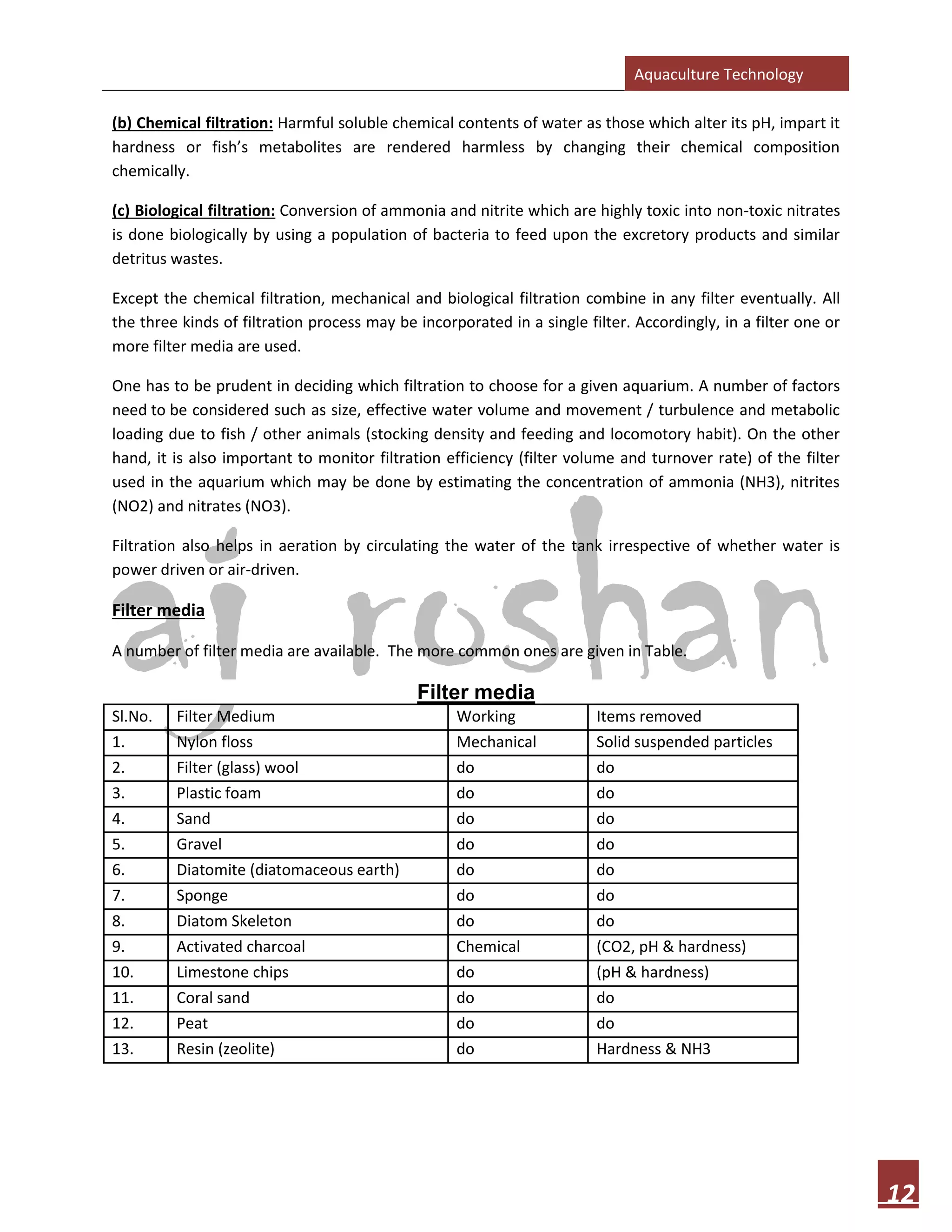 Aquaculture Technology
12
(b) Chemical filtration: Harmful soluble chemical contents of water as those which alter its pH, impart it
hardness or fish’s metabolites are rendered harmless by changing their chemical composition
chemically.
(c) Biological filtration: Conversion of ammonia and nitrite which are highly toxic into non-toxic nitrates
is done biologically by using a population of bacteria to feed upon the excretory products and similar
detritus wastes.
Except the chemical filtration, mechanical and biological filtration combine in any filter eventually. All
the three kinds of filtration process may be incorporated in a single filter. Accordingly, in a filter one or
more filter media are used.
One has to be prudent in deciding which filtration to choose for a given aquarium. A number of factors
need to be considered such as size, effective water volume and movement / turbulence and metabolic
loading due to fish / other animals (stocking density and feeding and locomotory habit). On the other
hand, it is also important to monitor filtration efficiency (filter volume and turnover rate) of the filter
used in the aquarium which may be done by estimating the concentration of ammonia (NH3), nitrites
(NO2) and nitrates (NO3).
Filtration also helps in aeration by circulating the water of the tank irrespective of whether water is
power driven or air-driven.
Filter media
A number of filter media are available. The more common ones are given in Table.
Filter media
Sl.No. Filter Medium Working Items removed
1. Nylon floss Mechanical Solid suspended particles
2. Filter (glass) wool do do
3. Plastic foam do do
4. Sand do do
5. Gravel do do
6. Diatomite (diatomaceous earth) do do
7. Sponge do do
8. Diatom Skeleton do do
9. Activated charcoal Chemical (CO2, pH & hardness)
10. Limestone chips do (pH & hardness)
11. Coral sand do do
12. Peat do do
13. Resin (zeolite) do Hardness & NH3
 