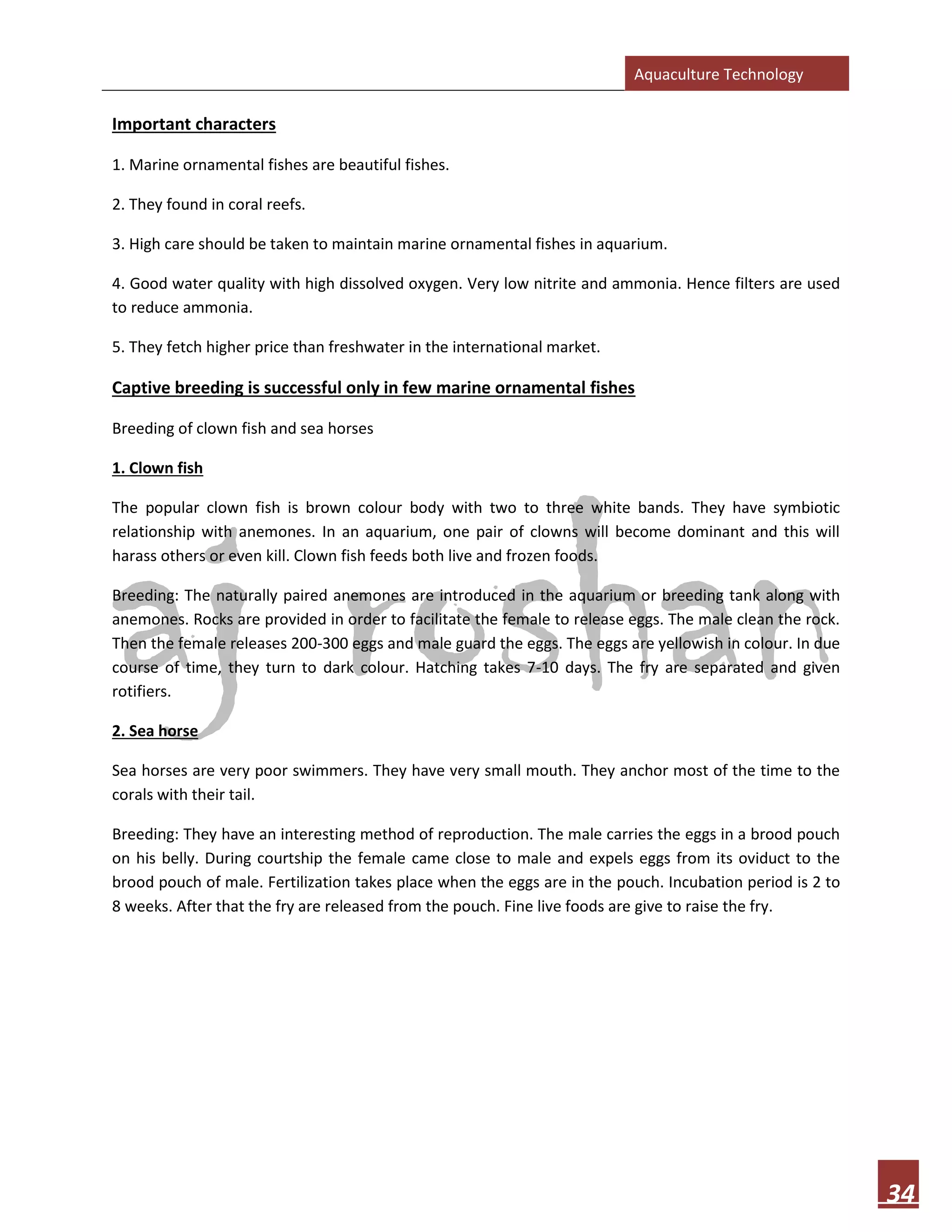 Aquaculture Technology
34
Important characters
1. Marine ornamental fishes are beautiful fishes.
2. They found in coral reefs.
3. High care should be taken to maintain marine ornamental fishes in aquarium.
4. Good water quality with high dissolved oxygen. Very low nitrite and ammonia. Hence filters are used
to reduce ammonia.
5. They fetch higher price than freshwater in the international market.
Captive breeding is successful only in few marine ornamental fishes
Breeding of clown fish and sea horses
1. Clown fish
The popular clown fish is brown colour body with two to three white bands. They have symbiotic
relationship with anemones. In an aquarium, one pair of clowns will become dominant and this will
harass others or even kill. Clown fish feeds both live and frozen foods.
Breeding: The naturally paired anemones are introduced in the aquarium or breeding tank along with
anemones. Rocks are provided in order to facilitate the female to release eggs. The male clean the rock.
Then the female releases 200-300 eggs and male guard the eggs. The eggs are yellowish in colour. In due
course of time, they turn to dark colour. Hatching takes 7-10 days. The fry are separated and given
rotifiers.
2. Sea horse
Sea horses are very poor swimmers. They have very small mouth. They anchor most of the time to the
corals with their tail.
Breeding: They have an interesting method of reproduction. The male carries the eggs in a brood pouch
on his belly. During courtship the female came close to male and expels eggs from its oviduct to the
brood pouch of male. Fertilization takes place when the eggs are in the pouch. Incubation period is 2 to
8 weeks. After that the fry are released from the pouch. Fine live foods are give to raise the fry.
 