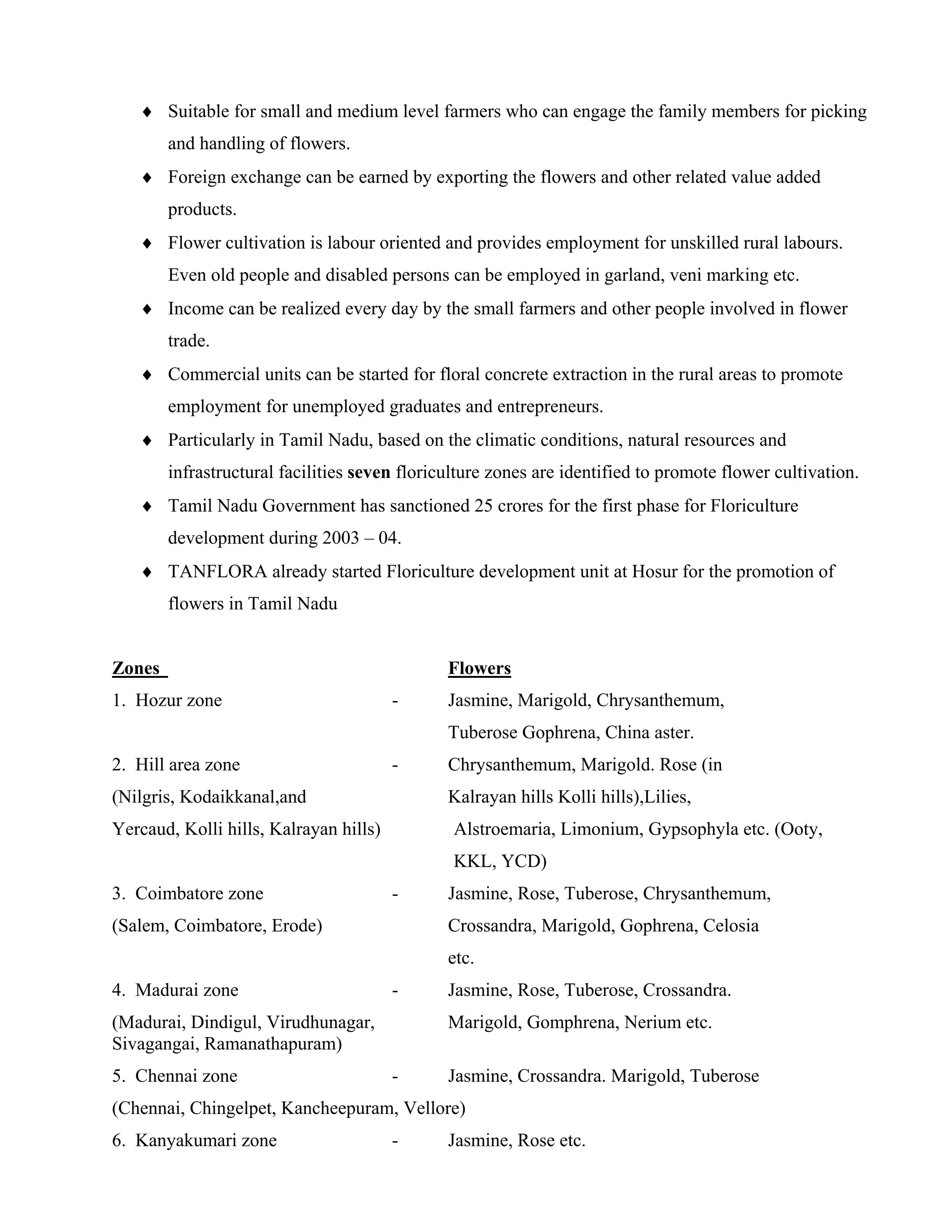 ♦ Suitable for small and medium level farmers who can engage the family members for picking
and handling of flowers.
♦ Foreign exchange can be earned by exporting the flowers and other related value added
products.
♦ Flower cultivation is labour oriented and provides employment for unskilled rural labours.
Even old people and disabled persons can be employed in garland, veni marking etc.
♦ Income can be realized every day by the small farmers and other people involved in flower
trade.
♦ Commercial units can be started for floral concrete extraction in the rural areas to promote
employment for unemployed graduates and entrepreneurs.
♦ Particularly in Tamil Nadu, based on the climatic conditions, natural resources and
infrastructural facilities seven floriculture zones are identified to promote flower cultivation.
♦ Tamil Nadu Government has sanctioned 25 crores for the first phase for Floriculture
development during 2003 – 04.
♦ TANFLORA already started Floriculture development unit at Hosur for the promotion of
flowers in Tamil Nadu
Zones Flowers
1. Hozur zone - Jasmine, Marigold, Chrysanthemum,
Tuberose Gophrena, China aster.
2. Hill area zone - Chrysanthemum, Marigold. Rose (in
(Nilgris, Kodaikkanal,and Kalrayan hills Kolli hills),Lilies,
Yercaud, Kolli hills, Kalrayan hills) Alstroemaria, Limonium, Gypsophyla etc. (Ooty,
KKL, YCD)
3. Coimbatore zone - Jasmine, Rose, Tuberose, Chrysanthemum,
(Salem, Coimbatore, Erode) Crossandra, Marigold, Gophrena, Celosia
etc.
4. Madurai zone - Jasmine, Rose, Tuberose, Crossandra.
(Madurai, Dindigul, Virudhunagar, Marigold, Gomphrena, Nerium etc.
Sivagangai, Ramanathapuram)
5. Chennai zone - Jasmine, Crossandra. Marigold, Tuberose
(Chennai, Chingelpet, Kancheepuram, Vellore)
6. Kanyakumari zone - Jasmine, Rose etc.
 