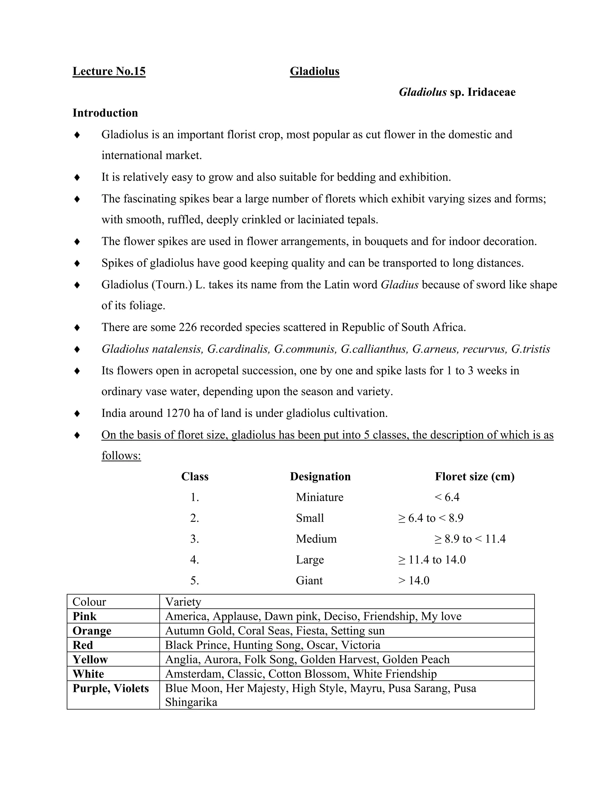 Lecture No.15 Gladiolus
Gladiolus sp. Iridaceae
Introduction
♦ Gladiolus is an important florist crop, most popular as cut flower in the domestic and
international market.
♦ It is relatively easy to grow and also suitable for bedding and exhibition.
♦ The fascinating spikes bear a large number of florets which exhibit varying sizes and forms;
with smooth, ruffled, deeply crinkled or laciniated tepals.
♦ The flower spikes are used in flower arrangements, in bouquets and for indoor decoration.
♦ Spikes of gladiolus have good keeping quality and can be transported to long distances.
♦ Gladiolus (Tourn.) L. takes its name from the Latin word Gladius because of sword like shape
of its foliage.
♦ There are some 226 recorded species scattered in Republic of South Africa.
♦ Gladiolus natalensis, G.cardinalis, G.communis, G.callianthus, G.arneus, recurvus, G.tristis
♦ Its flowers open in acropetal succession, one by one and spike lasts for 1 to 3 weeks in
ordinary vase water, depending upon the season and variety.
♦ India around 1270 ha of land is under gladiolus cultivation.
♦ On the basis of floret size, gladiolus has been put into 5 classes, the description of which is as
follows:
Class Designation Floret size (cm)
1. Miniature < 6.4
2. Small ≥ 6.4 to < 8.9
3. Medium ≥ 8.9 to < 11.4
4. Large ≥ 11.4 to 14.0
5. Giant > 14.0
Colour Variety
Pink America, Applause, Dawn pink, Deciso, Friendship, My love
Orange Autumn Gold, Coral Seas, Fiesta, Setting sun
Red Black Prince, Hunting Song, Oscar, Victoria
Yellow Anglia, Aurora, Folk Song, Golden Harvest, Golden Peach
White Amsterdam, Classic, Cotton Blossom, White Friendship
Purple, Violets Blue Moon, Her Majesty, High Style, Mayru, Pusa Sarang, Pusa
Shingarika
 