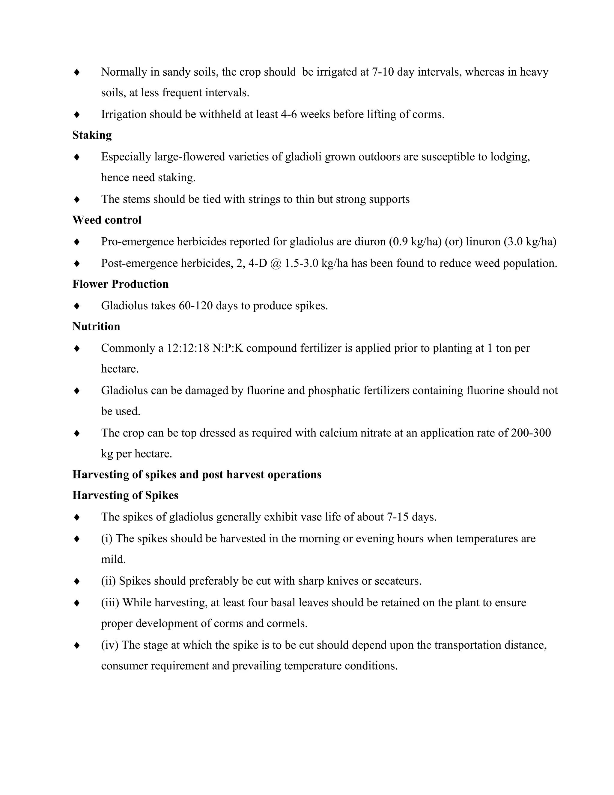 ♦ Normally in sandy soils, the crop should be irrigated at 7-10 day intervals, whereas in heavy
soils, at less frequent intervals.
♦ Irrigation should be withheld at least 4-6 weeks before lifting of corms.
Staking
♦ Especially large-flowered varieties of gladioli grown outdoors are susceptible to lodging,
hence need staking.
♦ The stems should be tied with strings to thin but strong supports
Weed control
♦ Pro-emergence herbicides reported for gladiolus are diuron (0.9 kg/ha) (or) linuron (3.0 kg/ha)
♦ Post-emergence herbicides, 2, 4-D @ 1.5-3.0 kg/ha has been found to reduce weed population.
Flower Production
♦ Gladiolus takes 60-120 days to produce spikes.
Nutrition
♦ Commonly a 12:12:18 N:P:K compound fertilizer is applied prior to planting at 1 ton per
hectare.
♦ Gladiolus can be damaged by fluorine and phosphatic fertilizers containing fluorine should not
be used.
♦ The crop can be top dressed as required with calcium nitrate at an application rate of 200-300
kg per hectare.
Harvesting of spikes and post harvest operations
Harvesting of Spikes
♦ The spikes of gladiolus generally exhibit vase life of about 7-15 days.
♦ (i) The spikes should be harvested in the morning or evening hours when temperatures are
mild.
♦ (ii) Spikes should preferably be cut with sharp knives or secateurs.
♦ (iii) While harvesting, at least four basal leaves should be retained on the plant to ensure
proper development of corms and cormels.
♦ (iv) The stage at which the spike is to be cut should depend upon the transportation distance,
consumer requirement and prevailing temperature conditions.
 