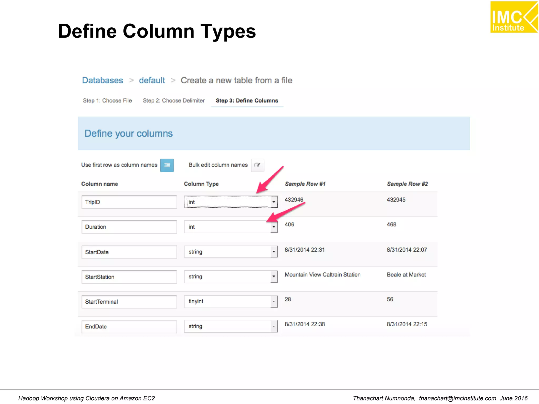 Thanachart Numnonda, thanachart@imcinstitute.com June 2016Hadoop Workshop using Cloudera on Amazon EC2 Define Column Types 