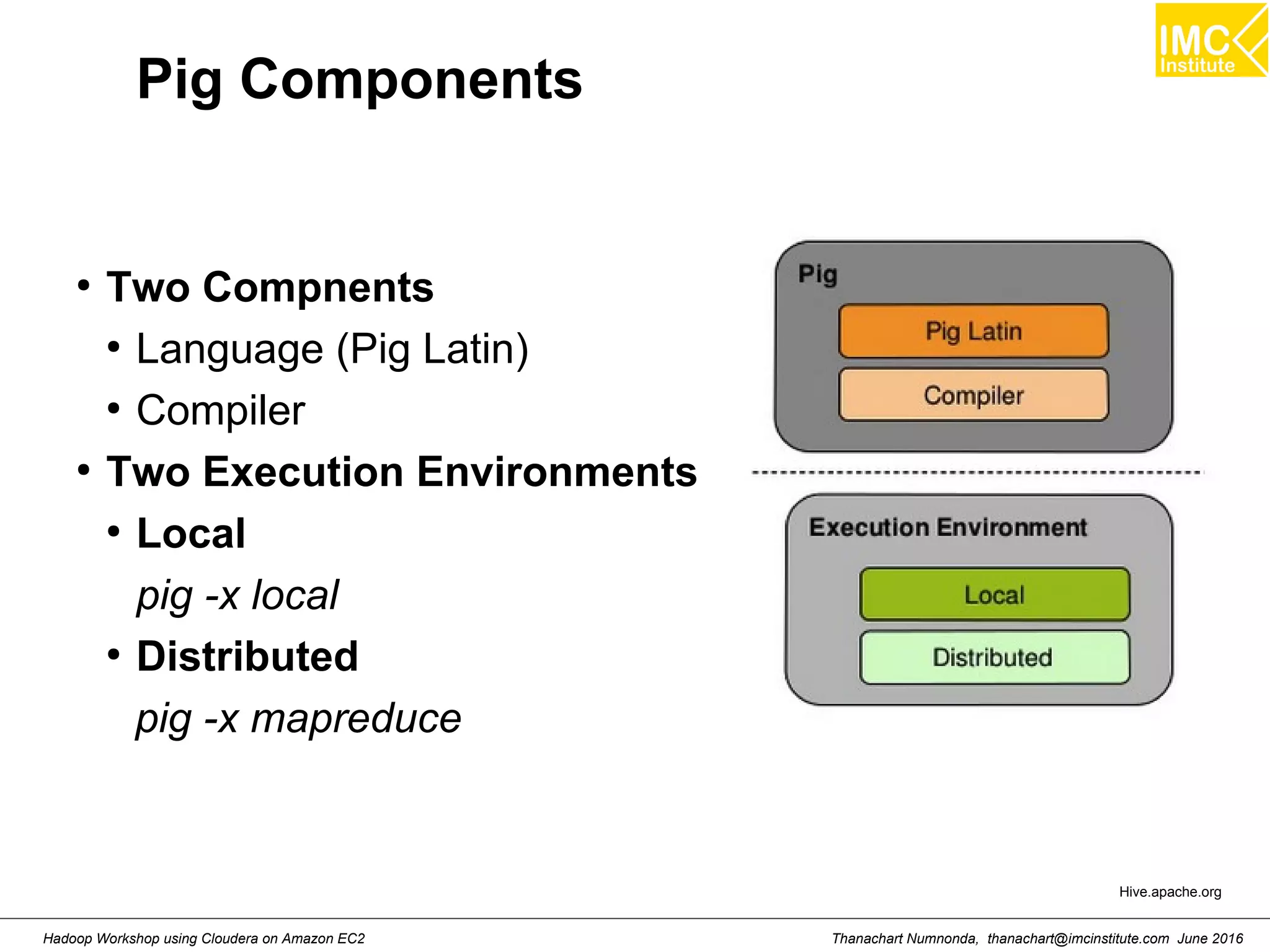 Thanachart Numnonda, thanachart@imcinstitute.com June 2016Hadoop Workshop using Cloudera on Amazon EC2 Pig Components ● Two Compnents ● Language (Pig Latin) ● Compiler ● Two Execution Environments ● Local pig -x local ● Distributed pig -x mapreduce Hive.apache.org 