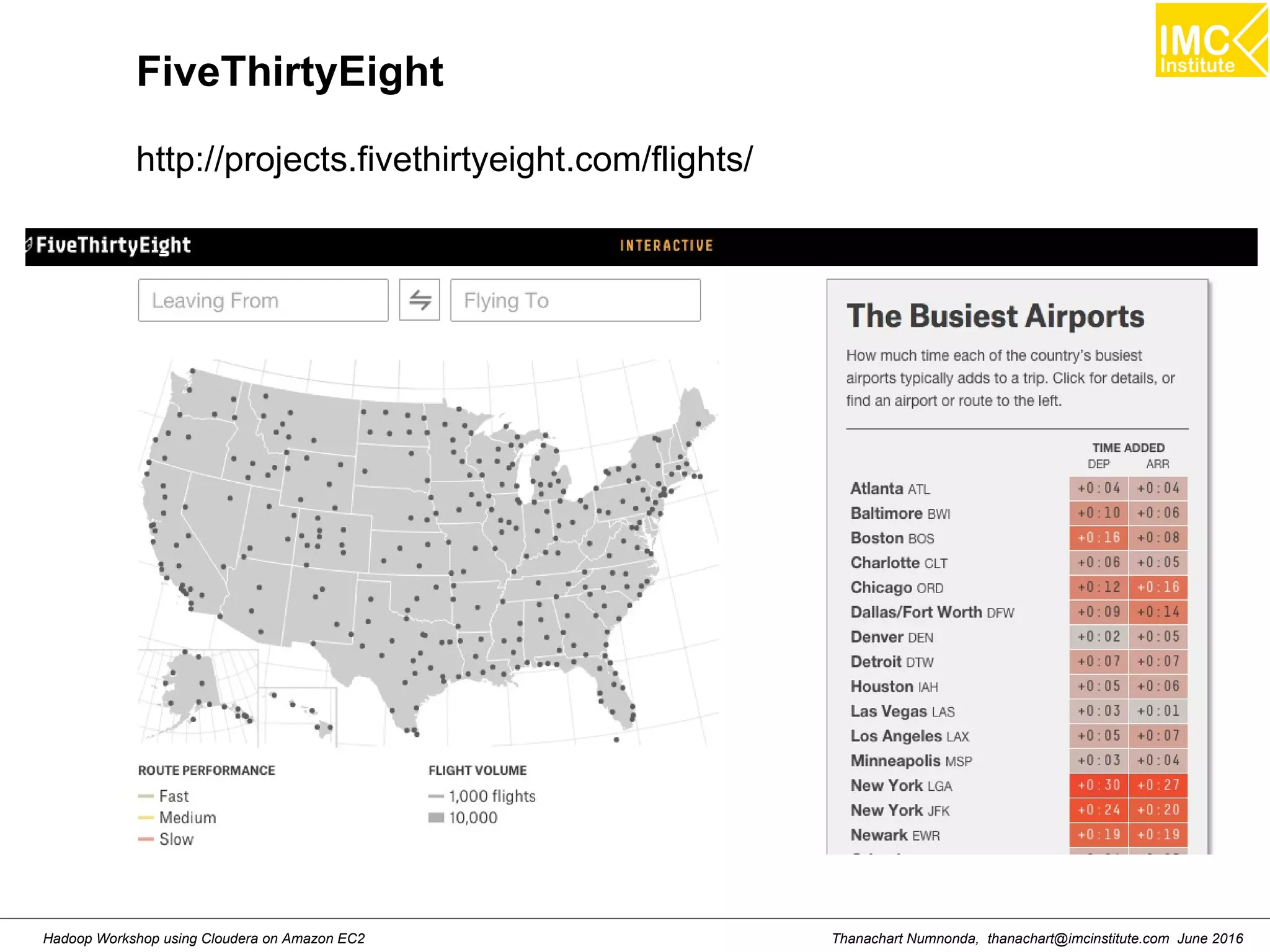 Thanachart Numnonda, thanachart@imcinstitute.com June 2016Hadoop Workshop using Cloudera on Amazon EC2 FiveThirtyEight http://projects.fivethirtyeight.com/flights/ 