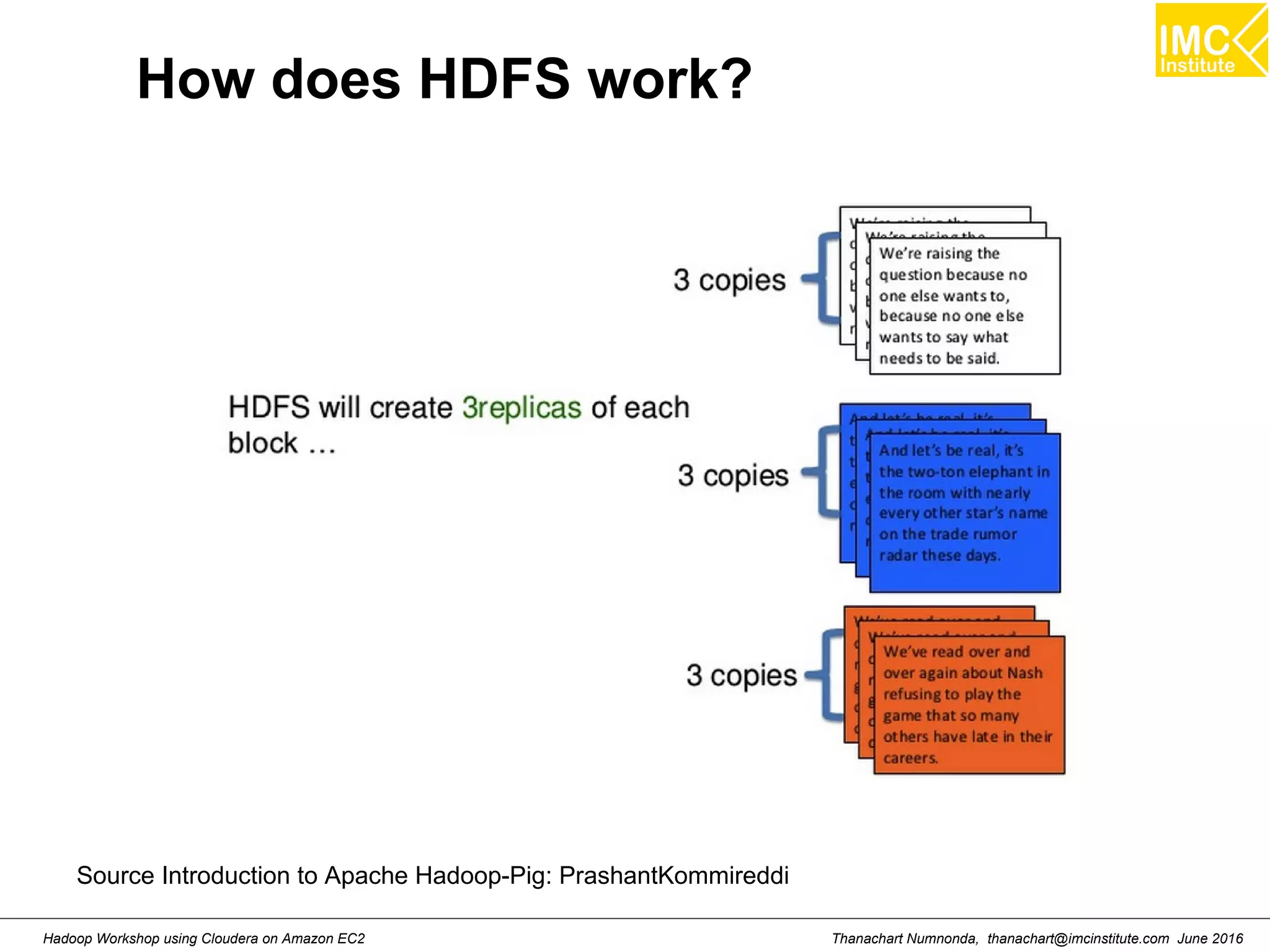 Thanachart Numnonda, thanachart@imcinstitute.com June 2016Hadoop Workshop using Cloudera on Amazon EC2 How does HDFS work? Source Introduction to Apache Hadoop-Pig: PrashantKommireddi 