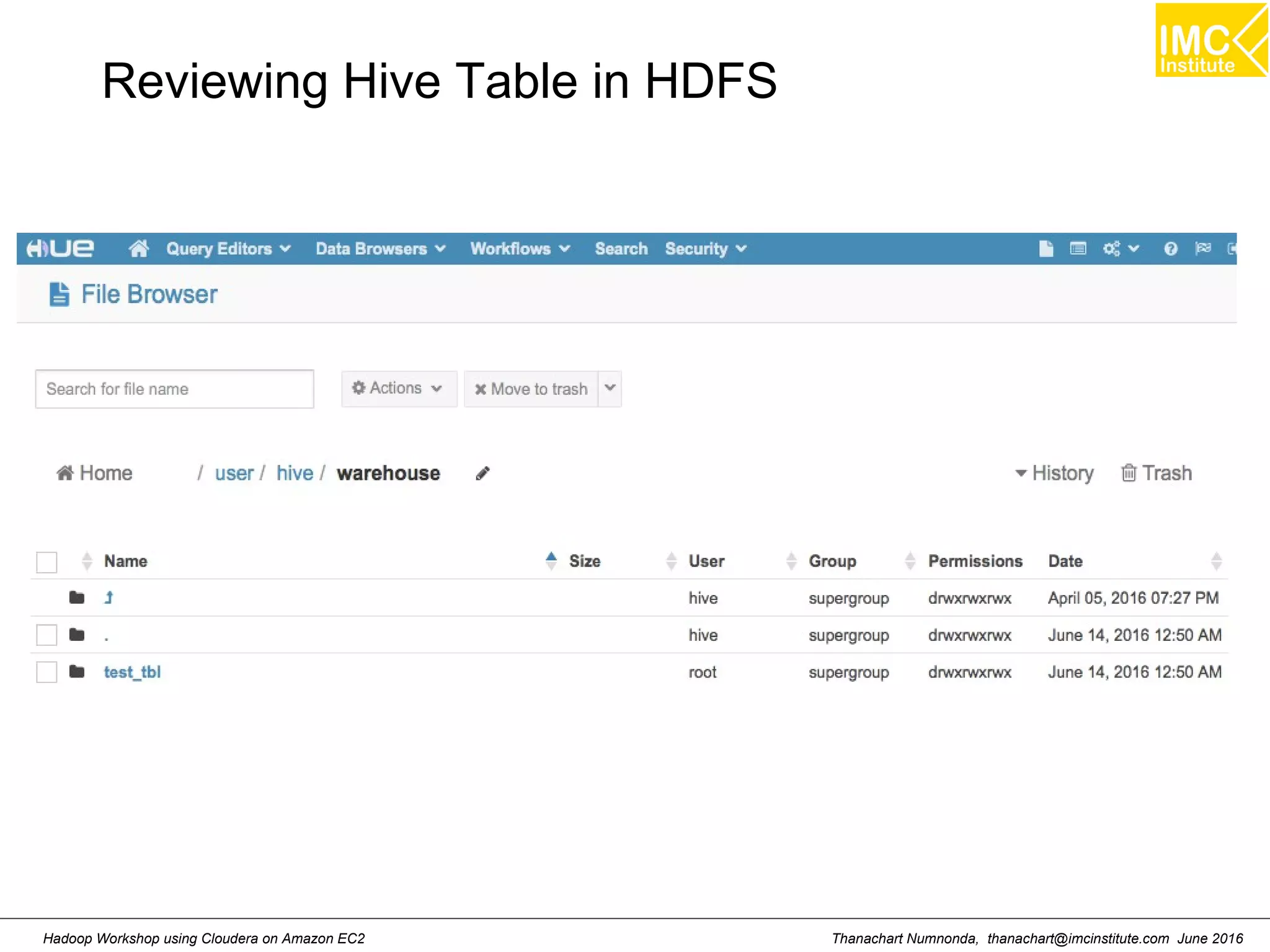 Thanachart Numnonda, thanachart@imcinstitute.com June 2016Hadoop Workshop using Cloudera on Amazon EC2 Reviewing Hive Table in HDFS 