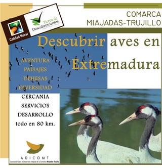 COMARCA
                  MIAJADAS−TRUJILLO

       Descubrir aves en
 AVENTURA
  PAISAJES       Extremadura
  DEHESAS
 DIVERSIDAD
  CERCANIA
  SERVICIOS
DESARROLLO
todo en 80 km.
 