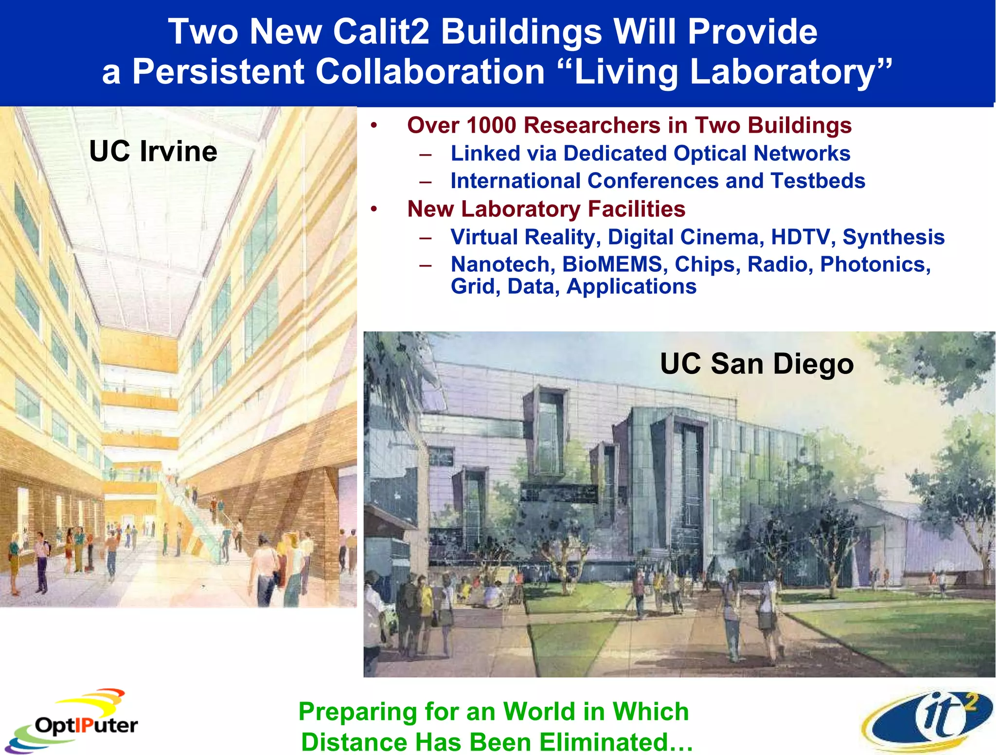 Two New Calit2 Buildings Will Provide  a Persistent Collaboration “Living Laboratory” Over 1000 Researchers in Two Buildings Linked via Dedicated Optical Networks International Conferences and Testbeds New Laboratory Facilities Virtual Reality, Digital Cinema, HDTV, Synthesis Nanotech, BioMEMS, Chips, Radio, Photonics, Grid, Data, Applications Bioengineering UC San Diego UC Irvine Preparing for an World in Which  Distance Has Been Eliminated… 