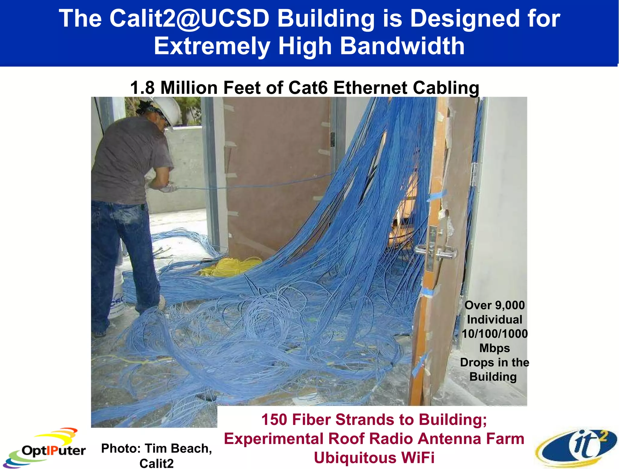 The Calit2@UCSD Building is Designed for Extremely High Bandwidth 1.8 Million Feet of Cat6 Ethernet Cabling 150 Fiber Strands to Building; Experimental Roof Radio Antenna Farm Ubiquitous WiFi Photo: Tim Beach, Calit2 Over 9,000 Individual 10/100/1000 Mbps Drops in the Building  