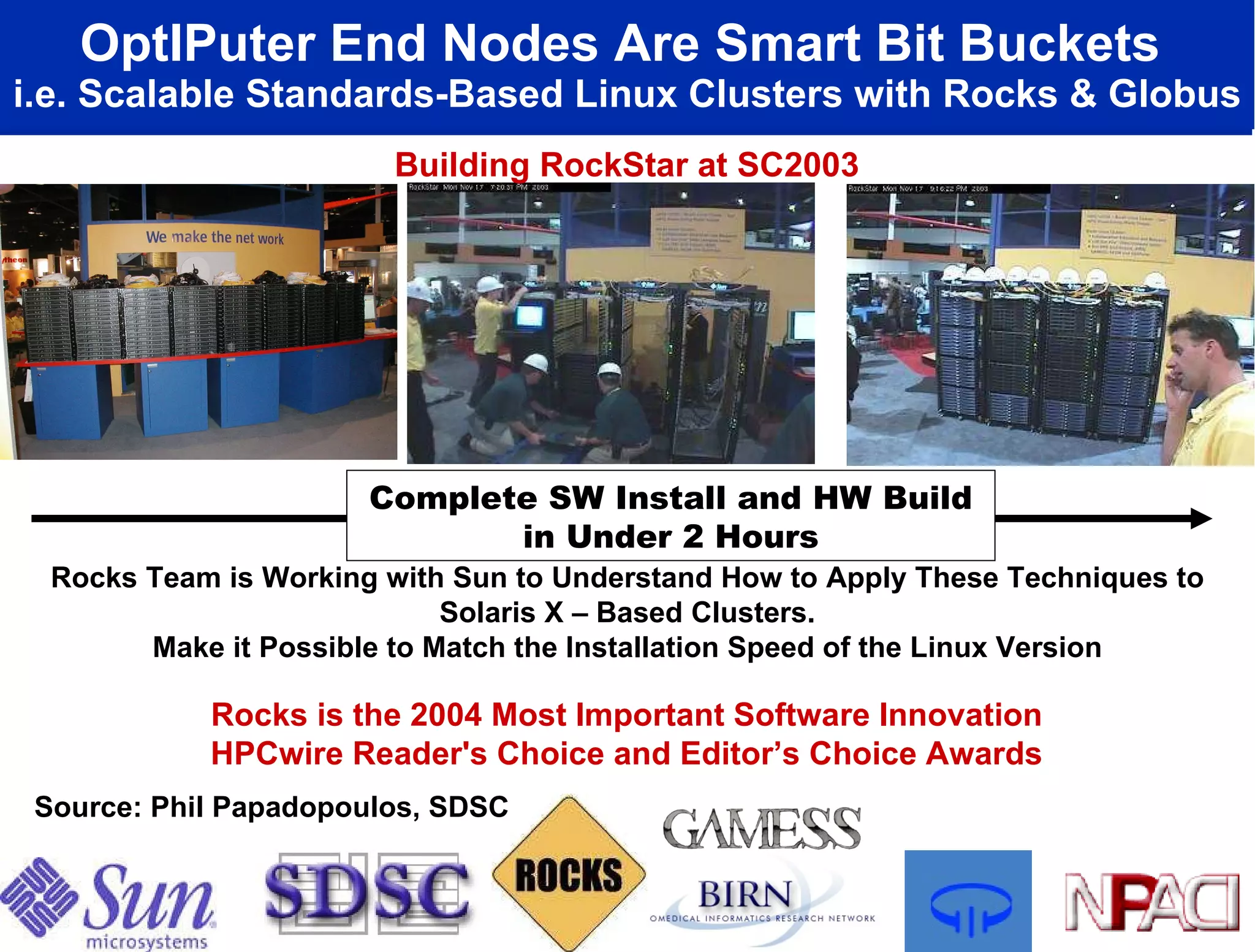OptIPuter End Nodes Are Smart Bit Buckets  i.e. Scalable Standards-Based Linux Clusters with Rocks & Globus Complete SW Install and HW Build in Under 2 Hours Building RockStar at SC2003 Source: Phil Papadopoulos, SDSC Rocks is the 2004 Most Important Software Innovation HPCwire Reader's Choice and Editor’s Choice Awards Rocks Team is Working with Sun to Understand How to Apply These Techniques to Solaris X – Based Clusters. Make it Possible to Match the Installation Speed of the Linux Version 