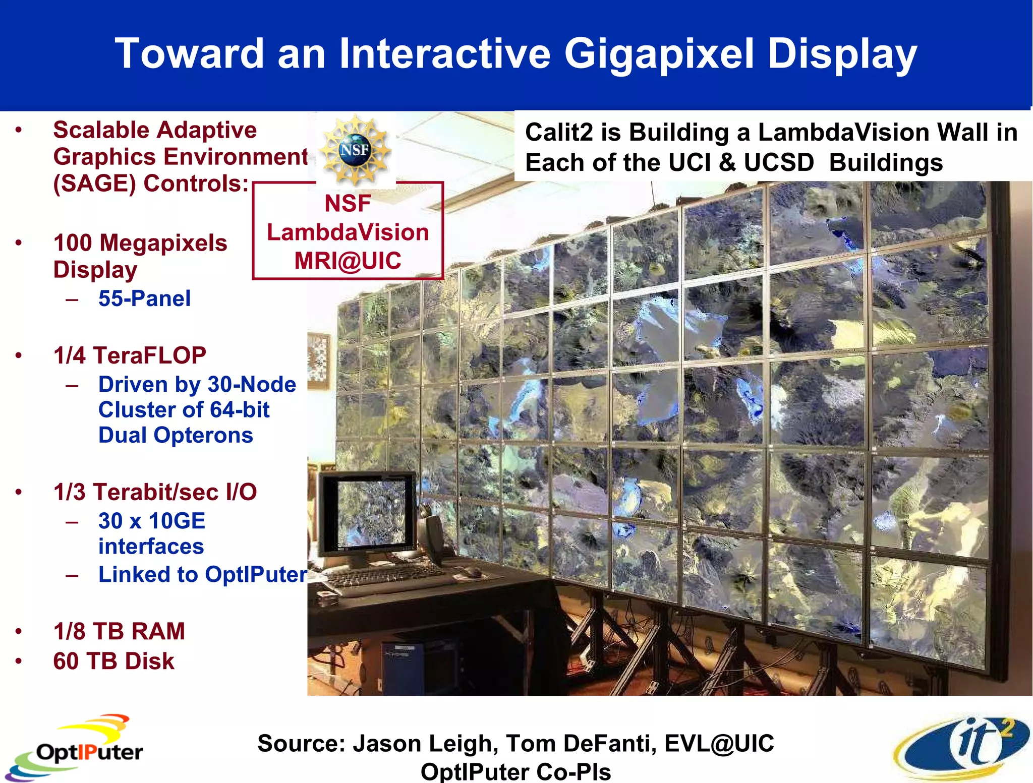 Toward an Interactive Gigapixel Display Scalable Adaptive Graphics Environment (SAGE) Controls: 100 Megapixels Display  55-Panel 1/4 TeraFLOP  Driven by 30-Node Cluster of 64-bit Dual Opterons 1/3 Terabit/sec I/O 30 x 10GE interfaces Linked to OptIPuter 1/8 TB RAM 60 TB Disk Source: Jason Leigh, Tom DeFanti, EVL@UIC OptIPuter Co-PIs NSF LambdaVision MRI@UIC Calit2 is Building a LambdaVision Wall in Each of the UCI & UCSD  Buildings 
