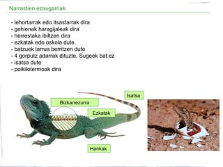 Narrastien ezaugarriak
Bizkarrezurra
Ezkatak
Isatsa
Hankak
- lehortarrak edo itsastarrak dira
- gehienak haragijaleak dira
- herrestaka ibiltzen dira
- ezkatak edo oskola dute.
- batzuek larrua berritzen dute
- 4 gorputz adarrak dituzte. Sugeek bat ez
- isatsa dute
- poikilotermoak dira
 