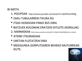 BI MOTA
   1. POLIPOAK http://www.youtube.com/watch?v=Qd7B1heHRDg
    ZAKU TUBULARREN ITXURA DU
    ITSAS HONDOAN FINKO BIZI DIRA
    BATZUEK KOLONIAK ERATZEN DITUZTE (KORALAK)
   2. MARMOKAK http://www.youtube.com/watch?v=DwSZ-6UBxWA&feature=related
    ATERKI ITXURAKOAK
    URETAN FLOTATZEN DIRA
    IREKIGUNEA GORPUTZAREN BEHEKO MUTURREAN
     DUTE.
 