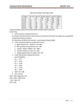 OPERATION RESEARCH MGMT 441
66 | P a g e
Alternative of Opp. Cost/ Regret table
Ei Events A1 =18 A2=19 A3=20 A4=21 A5=22 A6=23
E1 =18 0 50 100 150 200 250
E2=19 20 0 50 100 150 200
E3=20 40 20 0 50 100 150
E4=21 60 40 20 0 50 100
E5=22 80 60 40 20 0 50
E6=23 100 80 60 40 20 0
Taking the highest value of the row & subtract all other values in that row.
Solve Using:
1. Certain decision-making environment.
It is obvious that the decisions maker selects an alternative that yields the largest return (payoff) for
known future (states of nature).
So, Alternative six (A6) will be selected. i.e purchasing 23 books ($460).
2. Under uncertainty decision making environment
a. Maxi max/min min optimism = A6 =460
b. Min max/maxi min pessimism =A1 = 360
c. Laplace = ⅙(pij) = highest = A2 = 368.3
d. Hurwitz criterion (x = 0.6) = A1 = 360
e. Savage (regret) (max min regret) = A2 = 80
3. Under Risk decision making Environment
Event Probability
E1 =-----0.5
E2 = ----0.10
E3 = ----0.30
E4 = ----0.40
E5 = ----0.10
E6 = ----0.05
a. EMV = A3 = 386
b. EOL = A3 =25
EPPI = (Pij) x Diagonal) = 411
EVPI = EPPI – ELOLV =EOL
= 411 – 386 = 25
EVPI = EOL
 