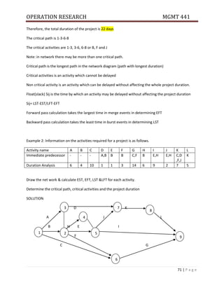 OPERATION RESEARCH MGMT 441
71 | P a g e
Therefore, the total duration of the project is 22 days
The critical path is 1-3-6-8
The critical activities are 1-3, 3-6, 6-8 or B, F and J
Note: in network there may be more than one critical path.
Critical path is the longest path in the network diagram (path with longest duration)
Critical activities is an activity which cannot be delayed
Non critical activity is an activity which can be delayed without affecting the whole project duration.
Float(slack) Sij is the time by which an activity may be delayed without affecting the project duration
Sij= LST-EST/LFT-EFT
Forward pass calculation takes the largest time in merge events in determining EFT
Backward pass calculation takes the least time in burst events in determining LST
Example 2: Information on the activities required for a project is as follows.
Activity name A B C D E F G H I J K L
Immediate predecessor - - - A,B B B C,F B E,H E,H C,D
,F,J
K
Duration Analysis 6 4 10 1 1 3 14 6 9 2 7 5
Draw the net work & calculate EST, EFT, LST &LFT for each activity.
Determine the critical path, critical activities and the project duration
SOLUTION
D K
A J L
B H E I
F
C G
7
1 2 5
9
4
3
8
6
 