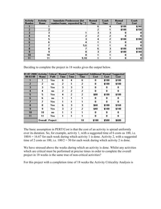 Deciding to complete the project in 18 weeks gives the output below.
The basic assumption in PERT/Cost is that the cost of an activity is spread uniformly
over its duration. So, for example, activity 1, with a suggested time of 6 costs us 100, i.e.
100/6 = 16.67 for each week during which activity 1 is done. Activity 2, with a suggested
time of 2 costs us 100, i.e. 100/2 = 50 for each week during which activity 2 is done.
We have stressed above the weeks during which an activity is done. Whilst any activities
which are critical must be performed at precise times in order to complete the overall
project in 18 weeks is the same true of non-critical activities?
For this project with a completion time of 18 weeks the Activity Criticality Analysis is
 