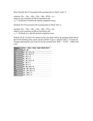 More formally the LP associated with assuming that we finish "early" is
minimise 70c1 + 50c2 + 40c5 + 20c8 + 40c9 - R*(D - x12)
subject to the constraint set CS we had before and
x12 <= D (finish at or before the desired completion time)
Similarly the LP associated with assuming that we finish "late" is
minimise 70c1 + 50c2 + 40c5 + 20c8 + 40c9 + P*(x12 - D)
subject to the constraint set CS we had before and
x12 >= D (finish at or after the desired completion time)
With D=20, R=75 and P=50, which was the case dealt with by the package before above,
the LP for finishing early can be solved as below to give a solution with x12=16 and cost
20 (after adjusting the cost of the LP for the constant term -R*D = -75*20 = -1500 in this
case)
 