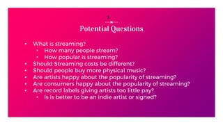 Potential Questions
▪ What is streaming?
⬞ How many people stream?
⬞ How popular is streaming?
▪ Should Streaming costs be different?
▪ Should people buy more physical music?
▪ Are artists happy about the popularity of streaming?
▪ Are consumers happy about the popularity of streaming?
▪ Are record labels giving artists too little pay?
⬞ Is is better to be an indie artist or signed?
3
 