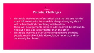 Potential Challenges
▪ This topic involves lots of statistical data that no one has the
exact information for because it is always changing, thus it
will be hard to find completely reliable data.
▪ There will be arguments for both sides so it will be difficult to
find out if one side is truly better than the other.
▪ This topic involves a lot of very strong opinions by many
people, much of which is ideological, emotional, and not
necessarily fact based.
6
 