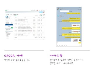 OROCA 카페
작품의 중간 결과물들을 공유
카카오톡
실시간으로 필요한 사항을 논의하거나
결정을 위한 커뮤니케이션
 